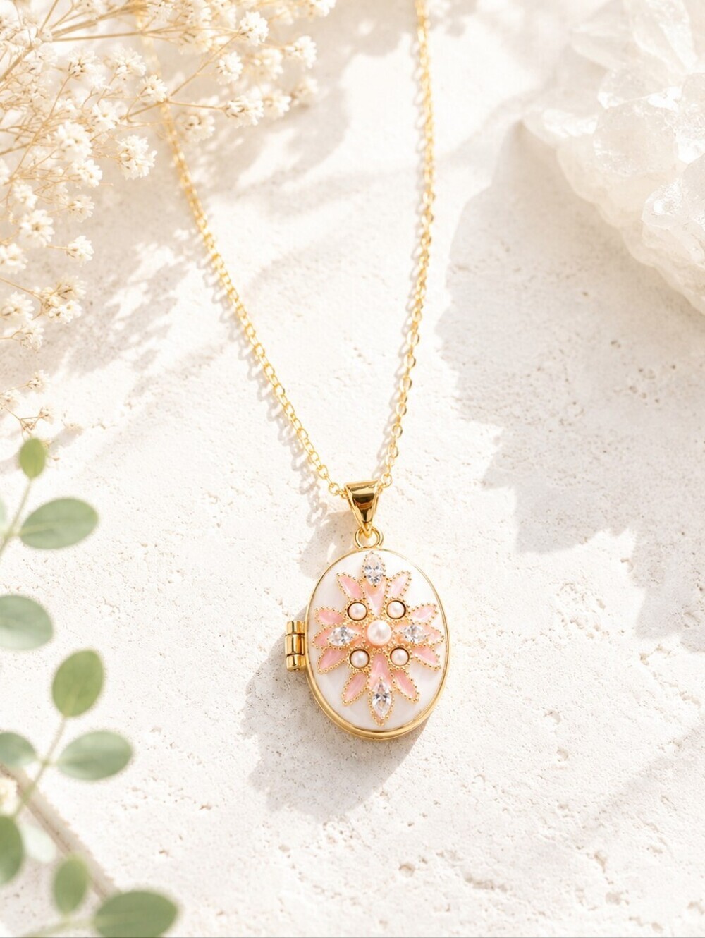 Pink Floral Photo Locket Necklace Gold Tone Enamel Crystal Keepsake Pendant